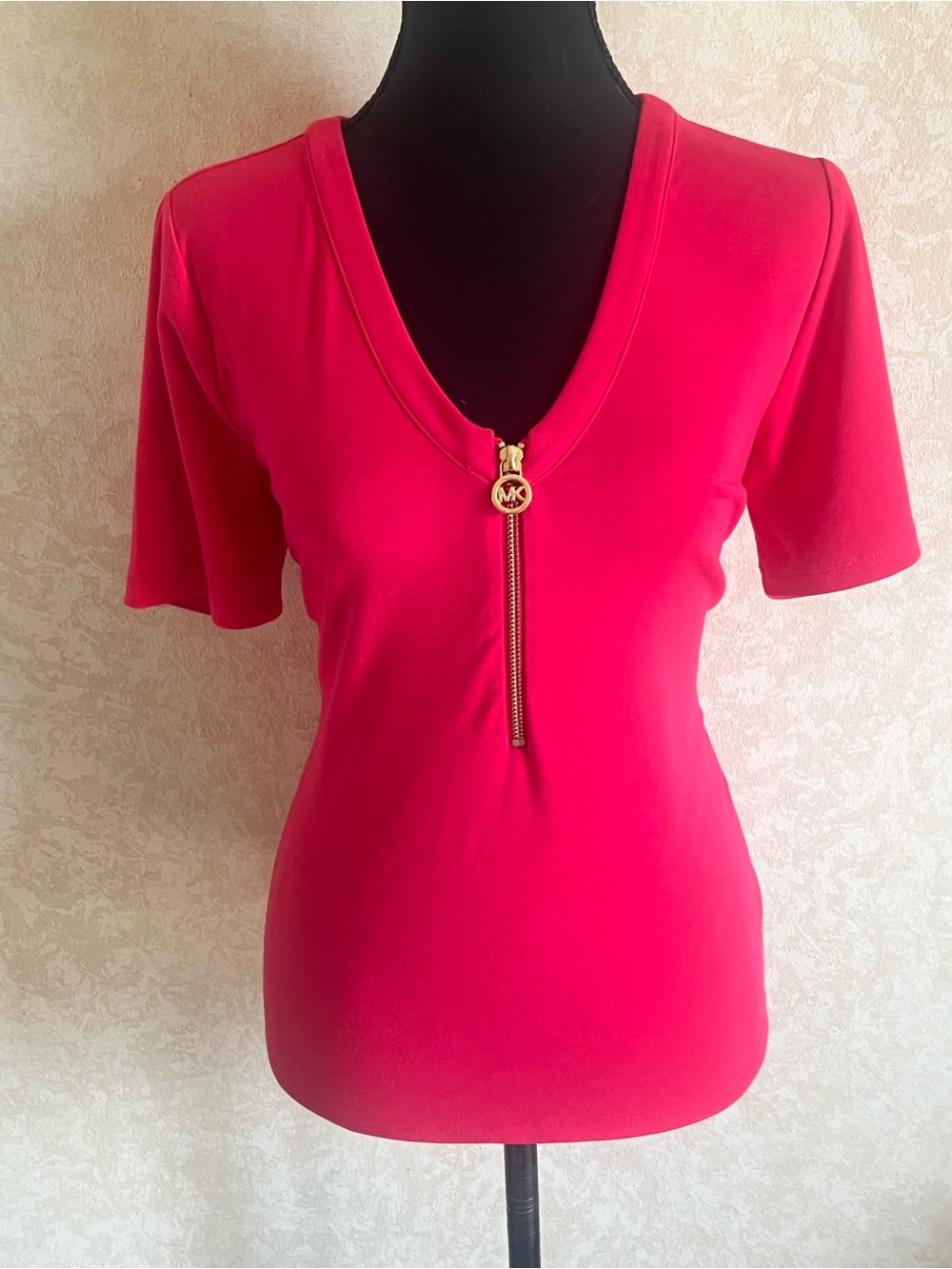 Michael Kors Hot Pink V-Neck Short Sleeve Top with Gold Zip
